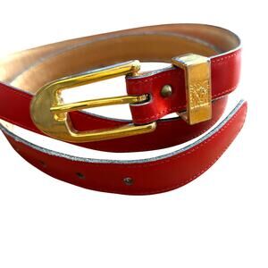 Vintage Anne Klein for Calderon ladies red skinny leather belt gold buckle Sz S